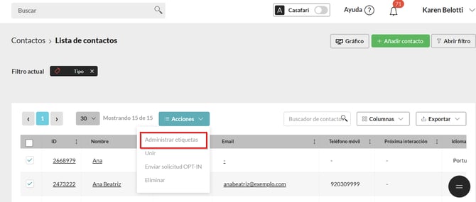 administrar etiquetas