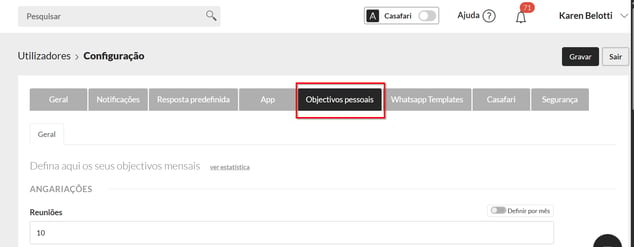 objectivos pessoais utilizador
